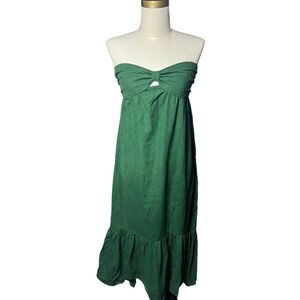 Aerie Green Linen Blend Strapless Maxi Dress Bow Front‎ Smocked Back XS